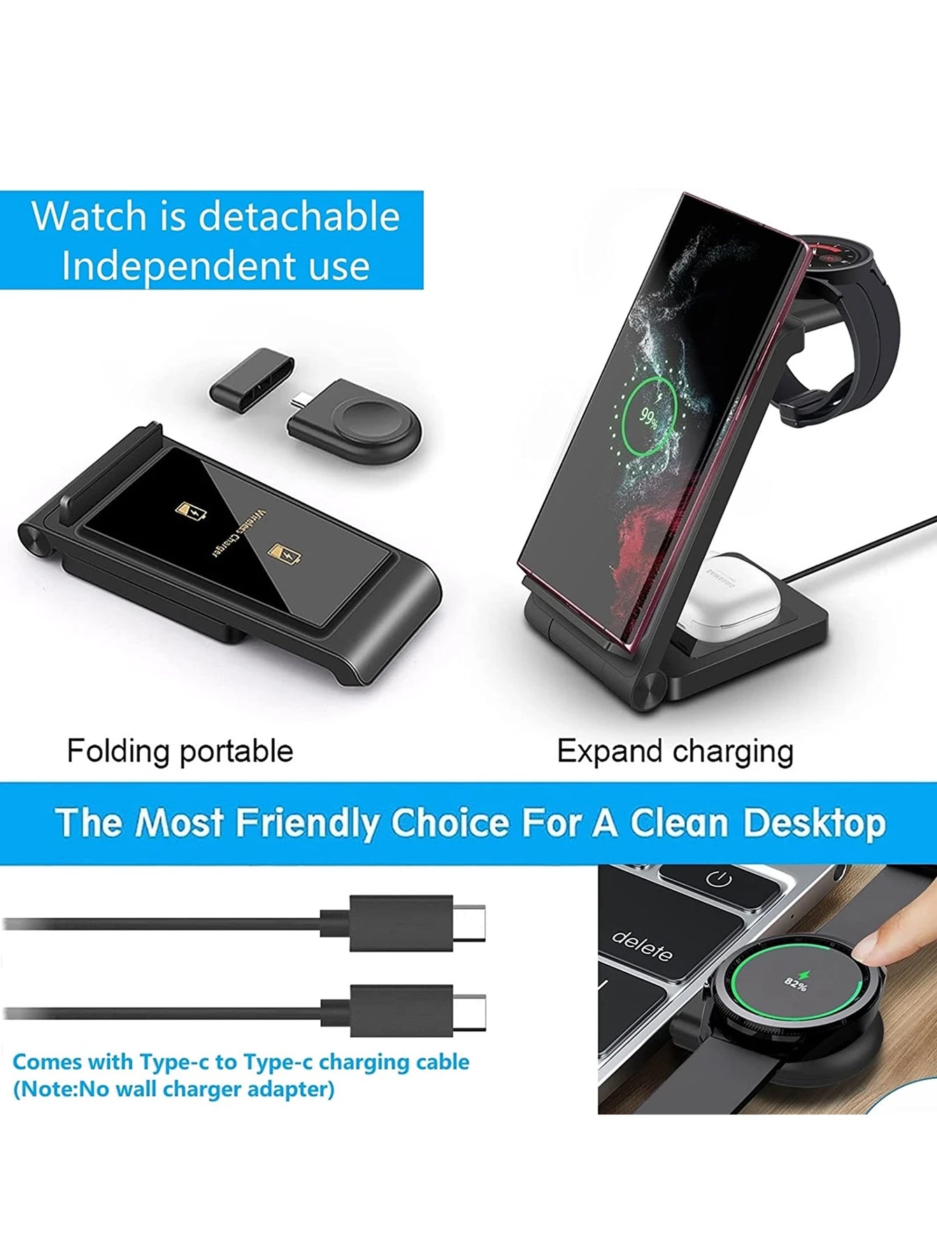 3 in 1 Wireless Charger station for Samsung phones and watches.